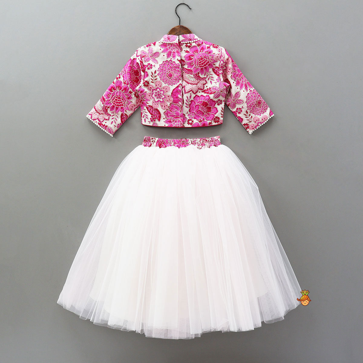 Pre Order: Stand Collar Elegant Top And Floral Tassels Embellished Lehenga