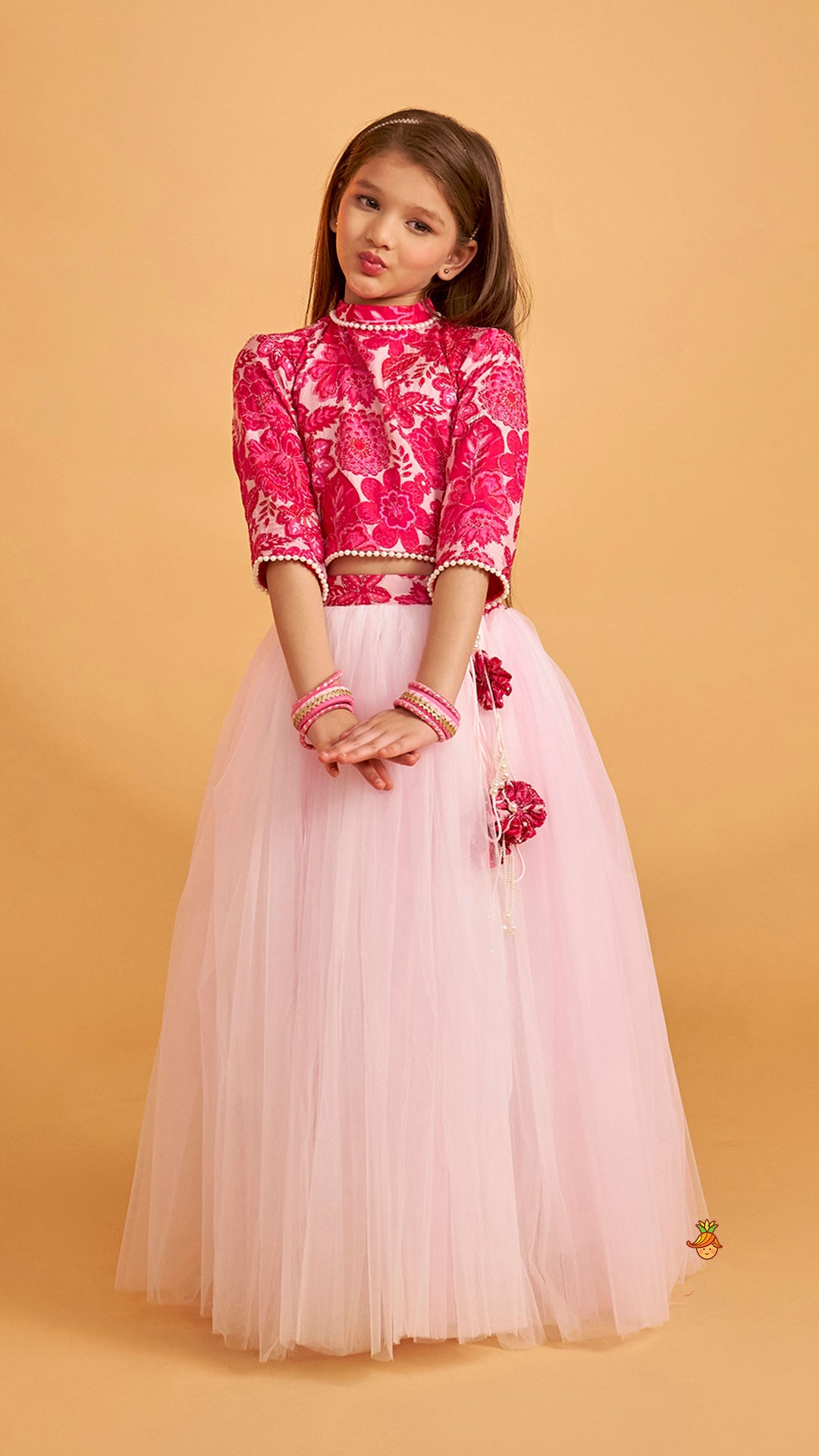 Pre Order: Stand Collar Elegant Top And Floral Tassels Embellished Lehenga