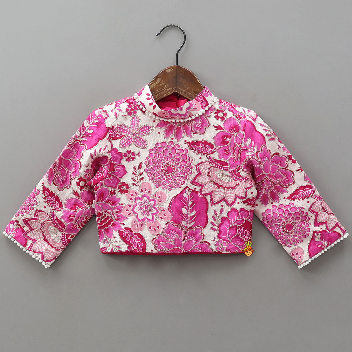 Pre Order: Stand Collar Elegant Top And Floral Tassels Embellished Lehenga