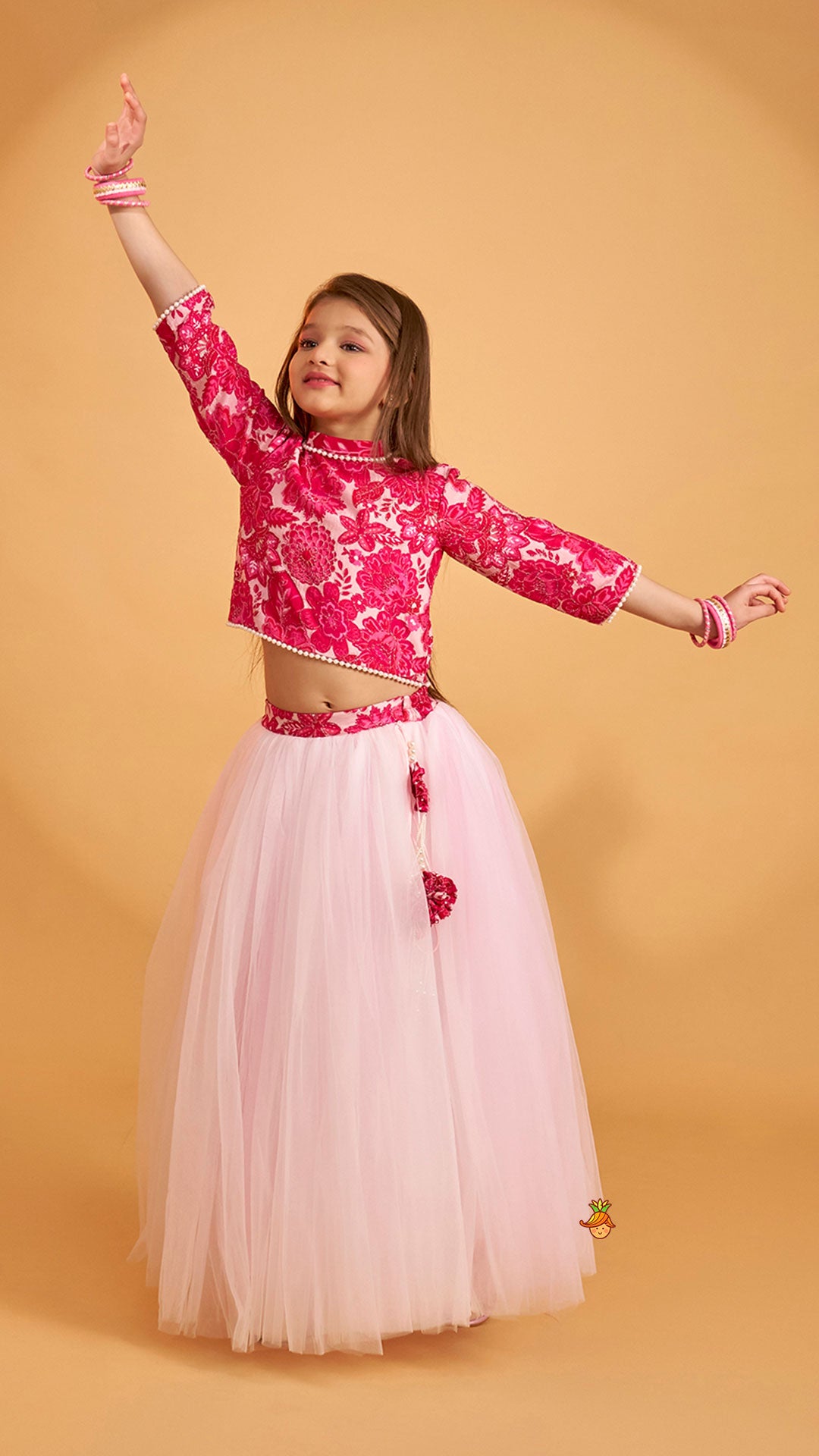 Pre Order: Stand Collar Elegant Top And Floral Tassels Embellished Lehenga