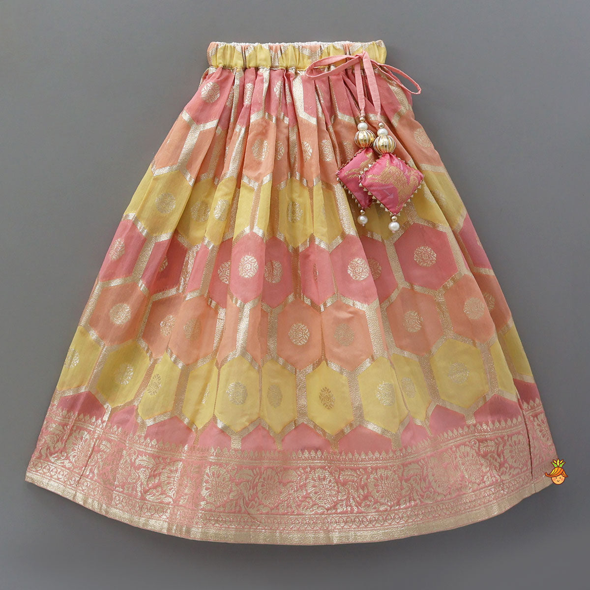 Gota Lace Detailed Yoke Kurti And Brocade Lehenga With Net Dupatta