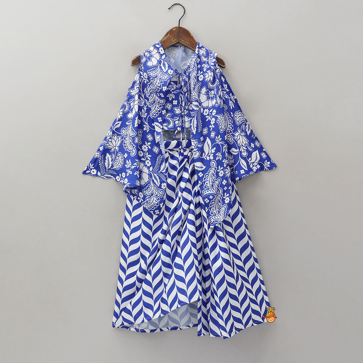Strappy Crop Top And Dhoti Style Skirt With Printed Matching Cape