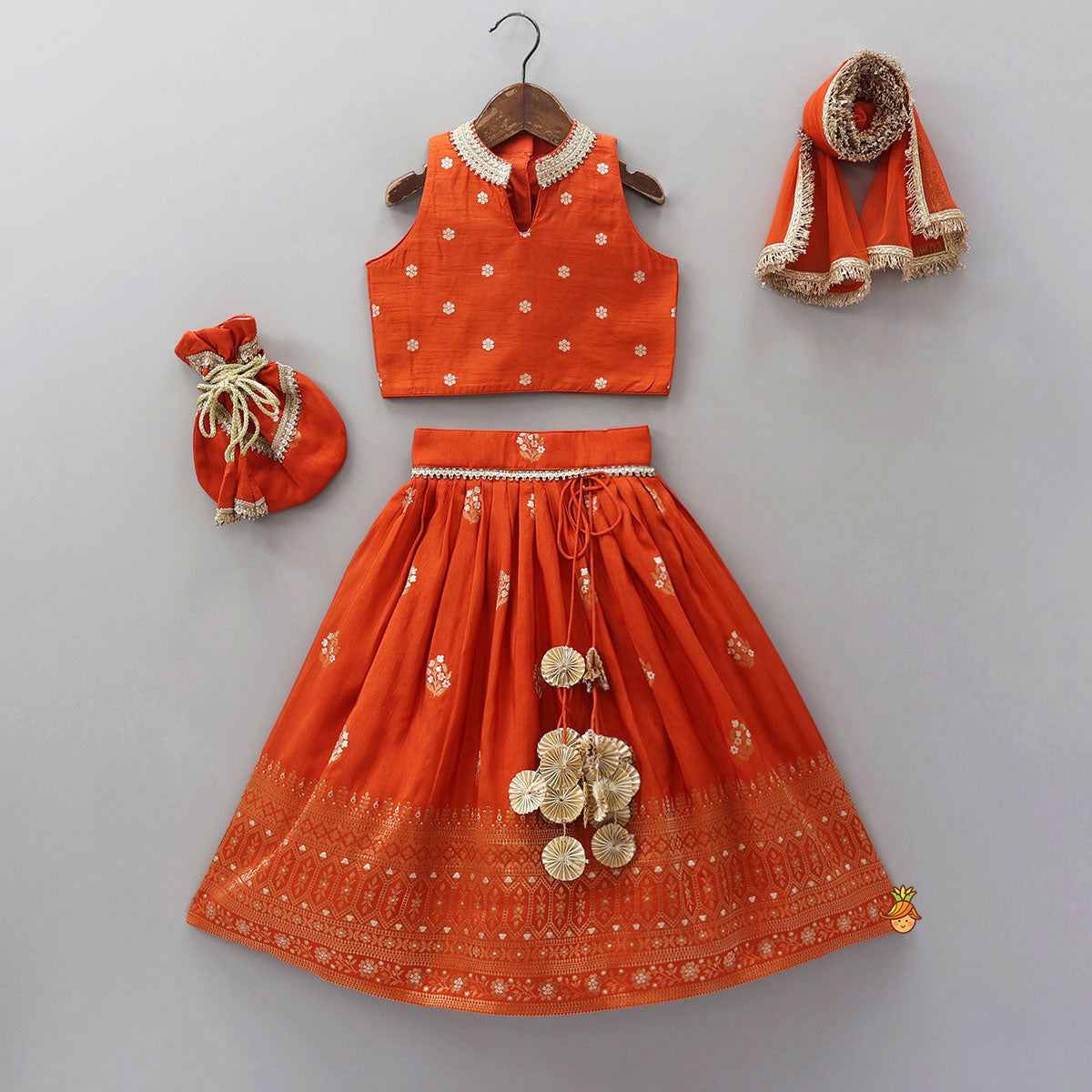 Pre Order: Beautiful Floral Motif Work Top And Lehenga With Matching Dupatta And Potli Bag