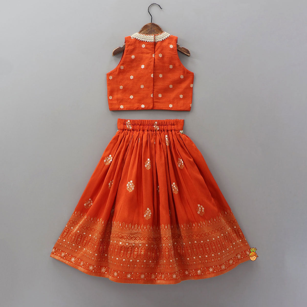 Pre Order: Beautiful Floral Motif Work Top And Lehenga With Matching Dupatta And Potli Bag