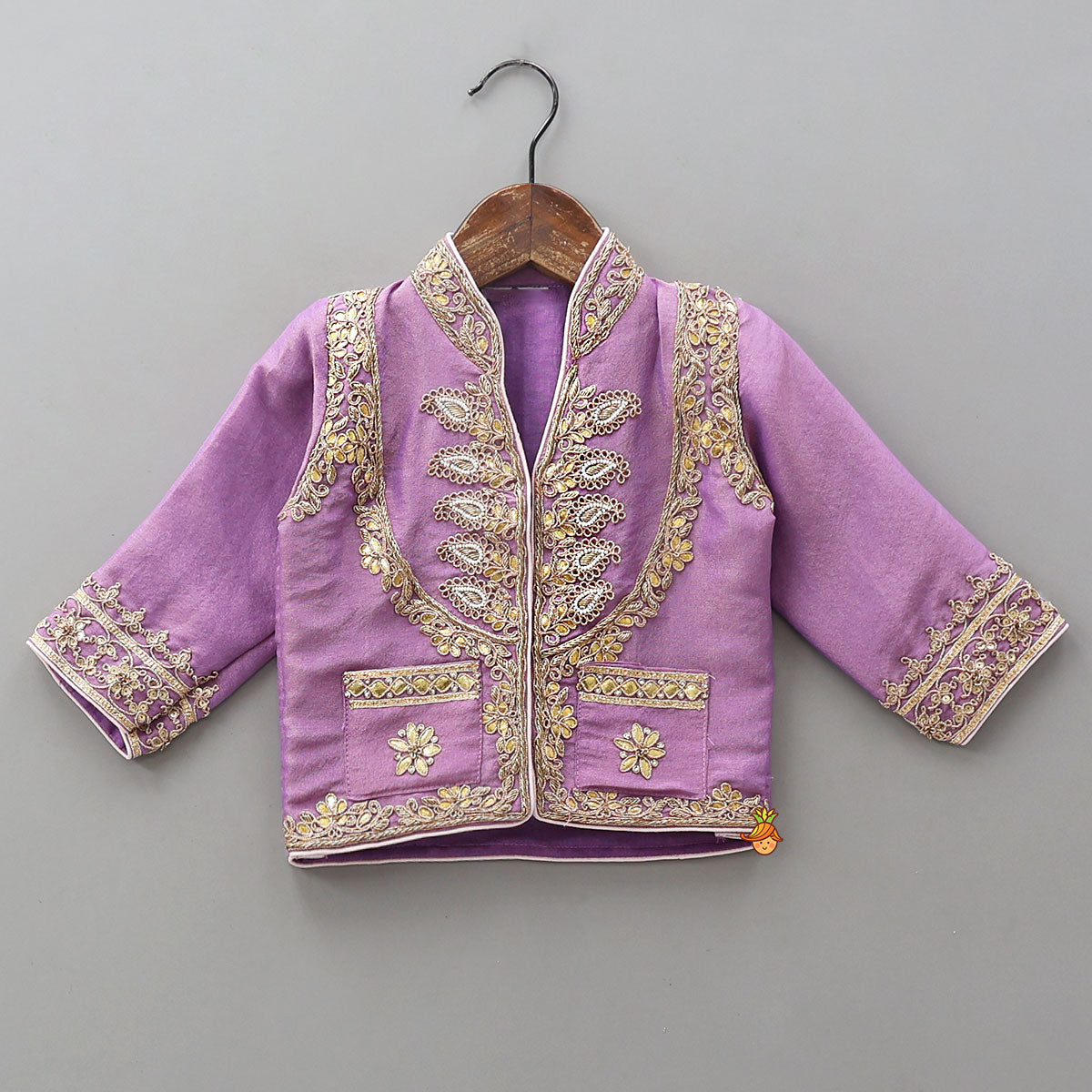 Pre Order: Jacket-Style Embroidered Shimmery Top And Lehenga