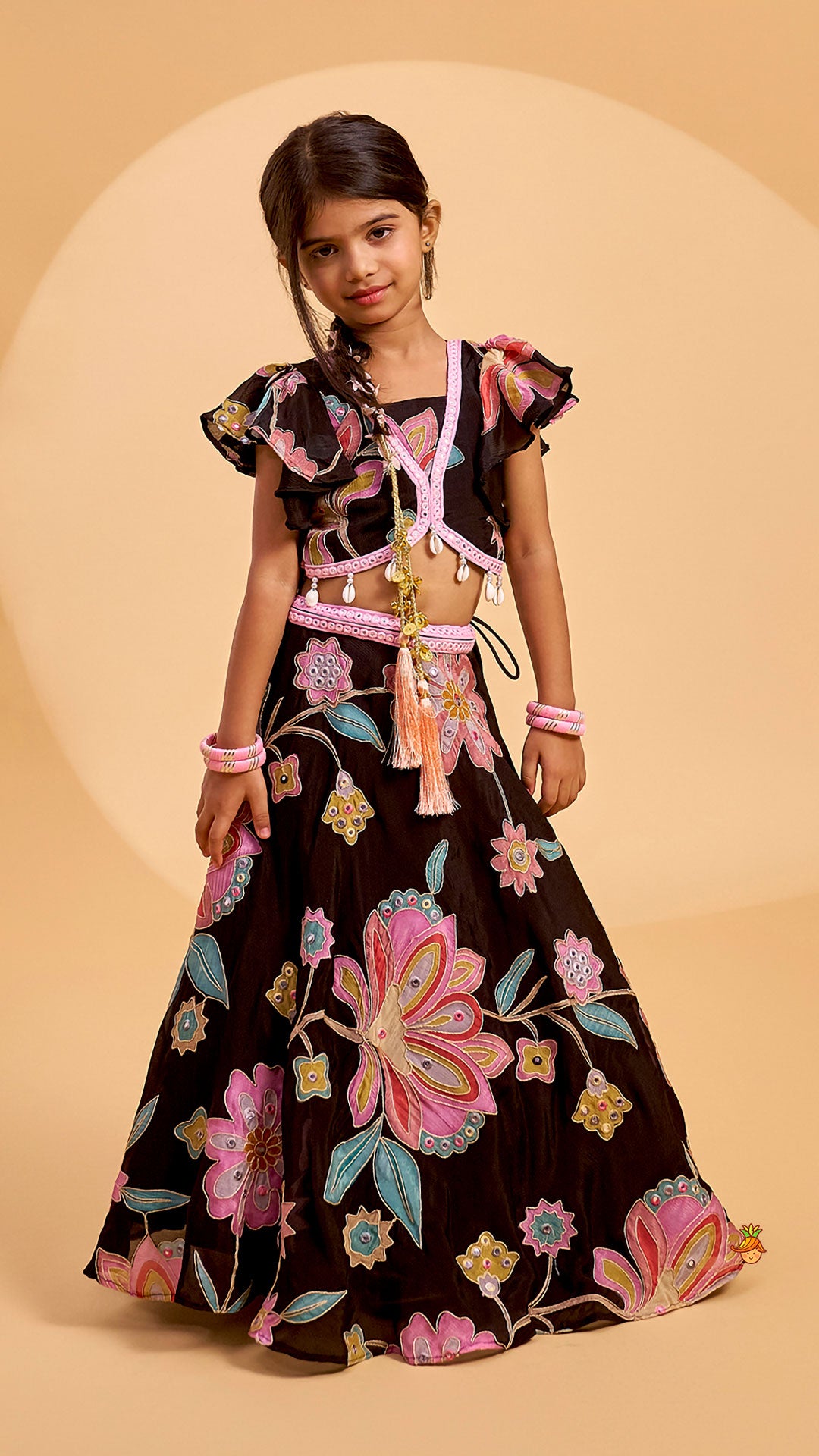 Pre Order: Floral Printed And Embroidered Top With Matching Lehenga And Organza Dupatta