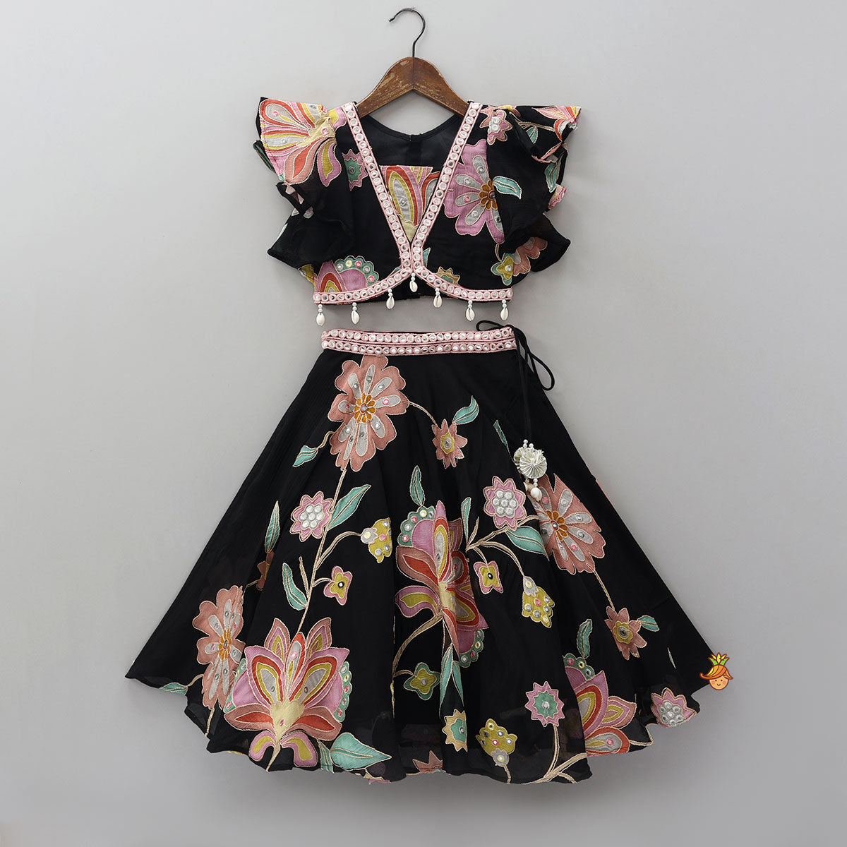 Pre Order: Floral Printed And Embroidered Top With Matching Lehenga And Organza Dupatta