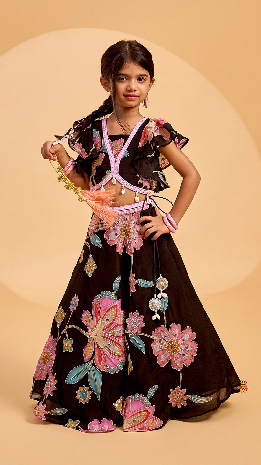 Pre Order: Floral Printed And Embroidered Top With Matching Lehenga And Organza Dupatta
