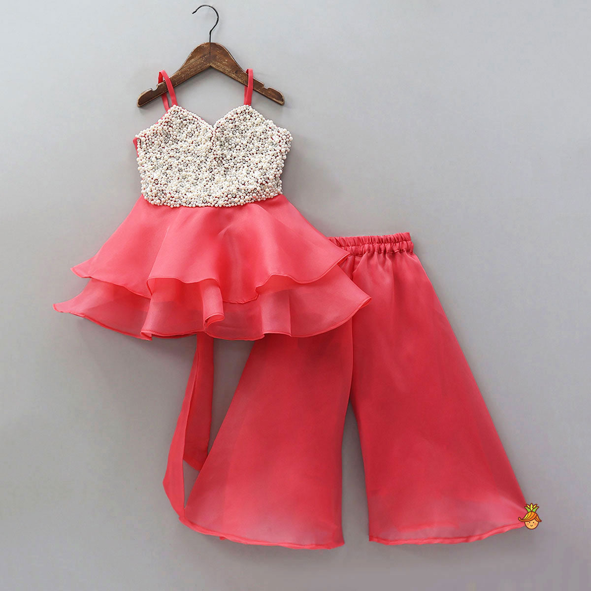 Pre Order: Heavy Yoke-Embroidered Strappy Shimmery Top And Palazzo