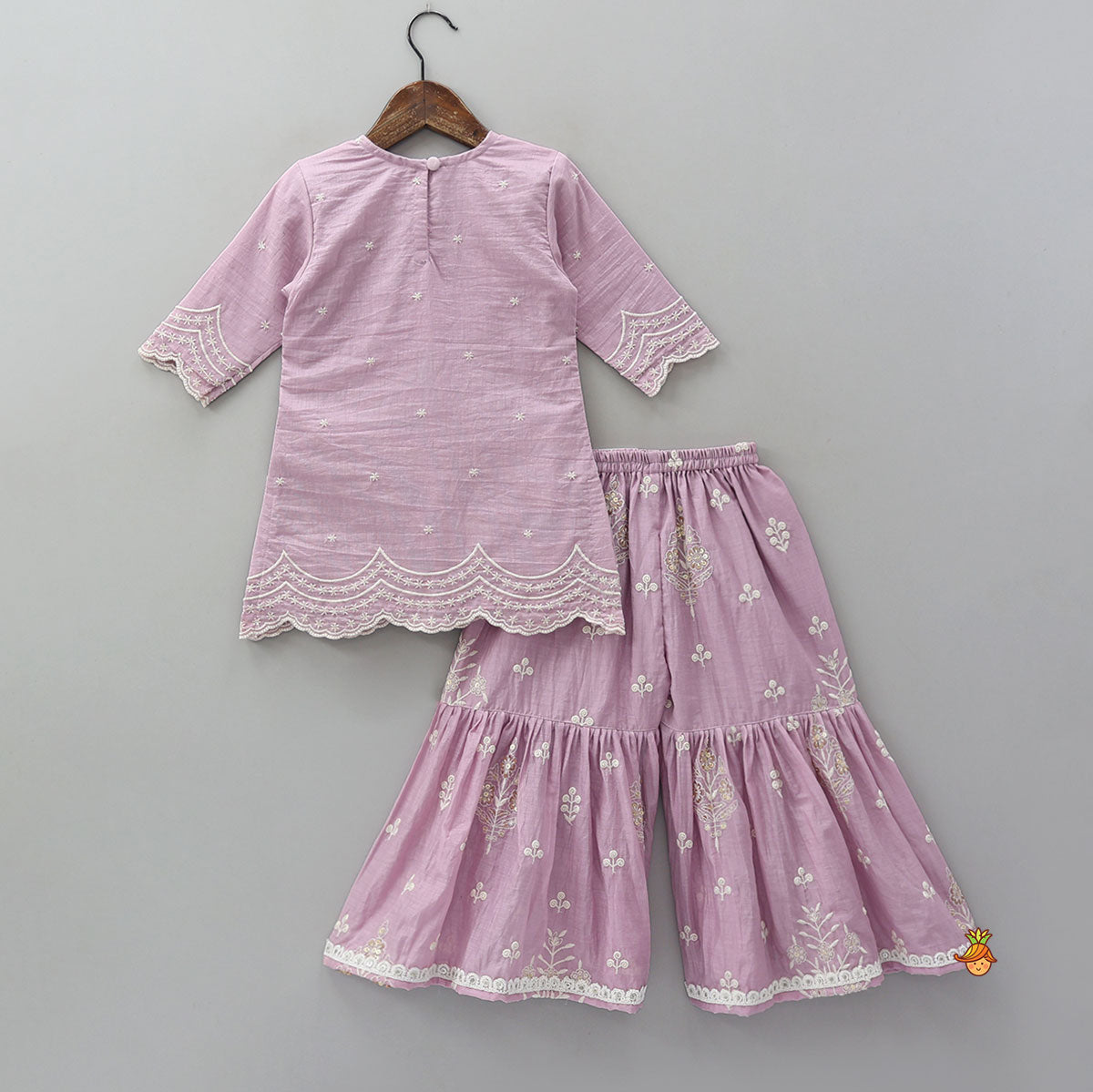 Pre Order: Booti Embroidered Kurti And Sharara With Matching Dupatta