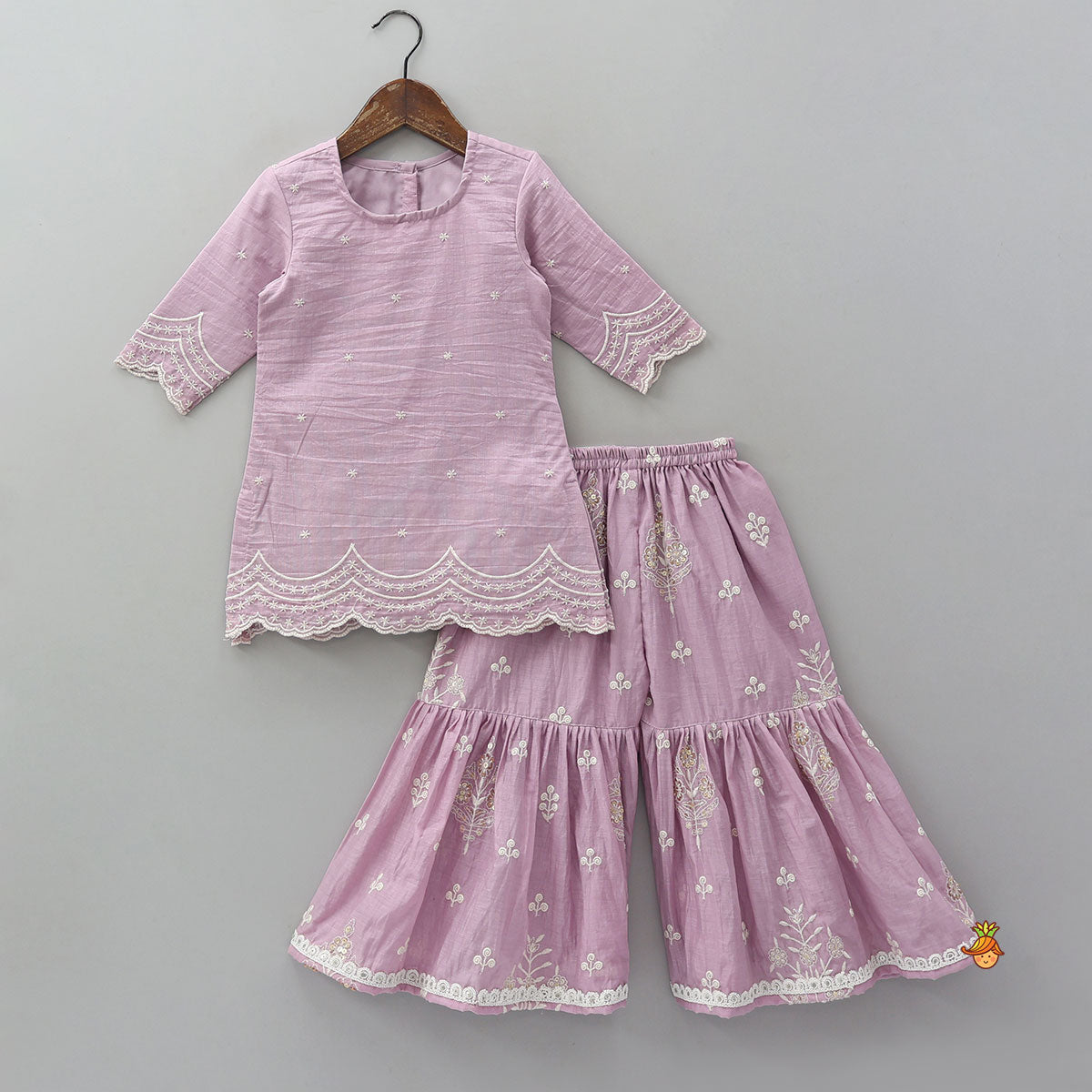 Pre Order: Booti Embroidered Kurti And Sharara With Matching Dupatta