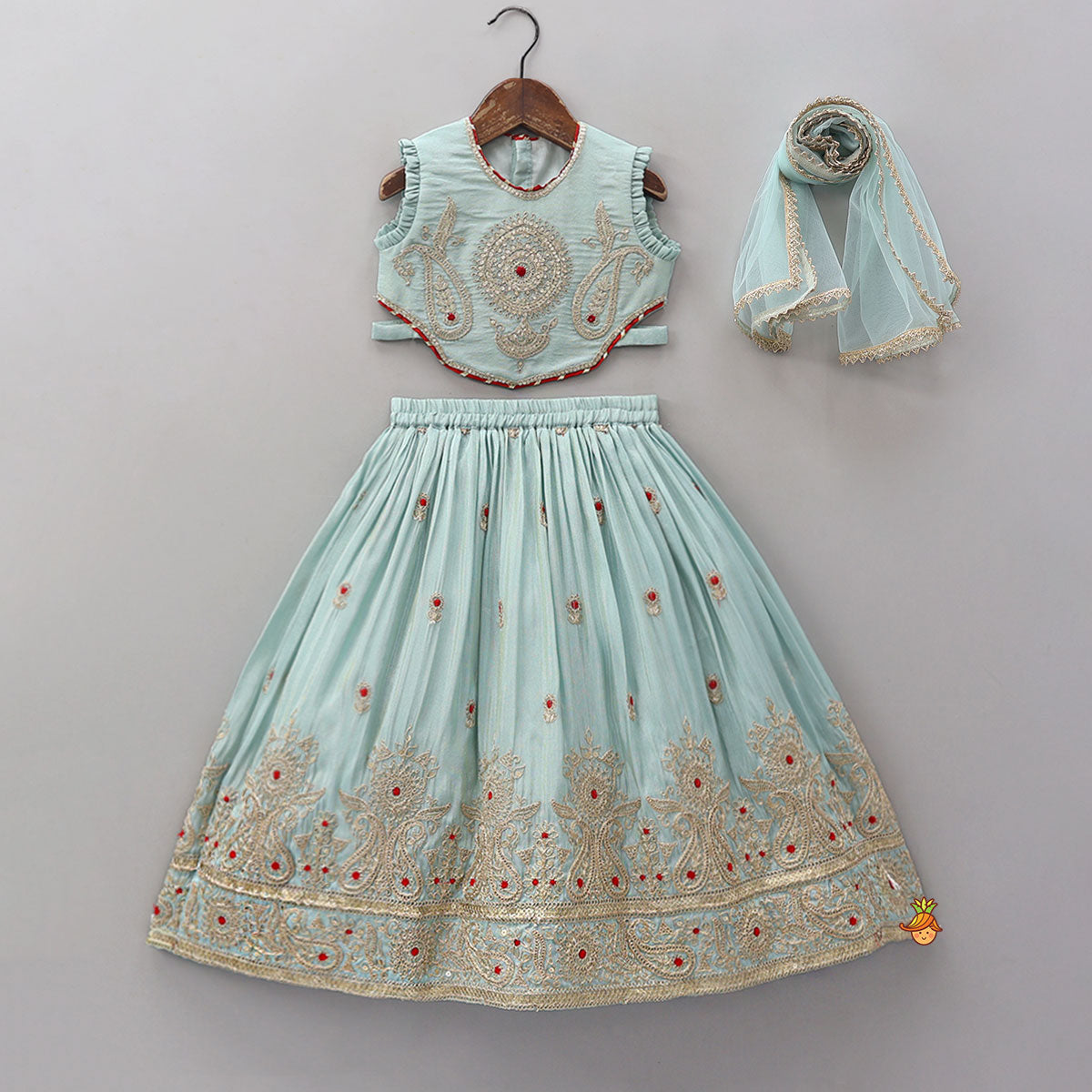 Pre Order: Embroidered Shimmer Top And Lehenga With Net Dupatta