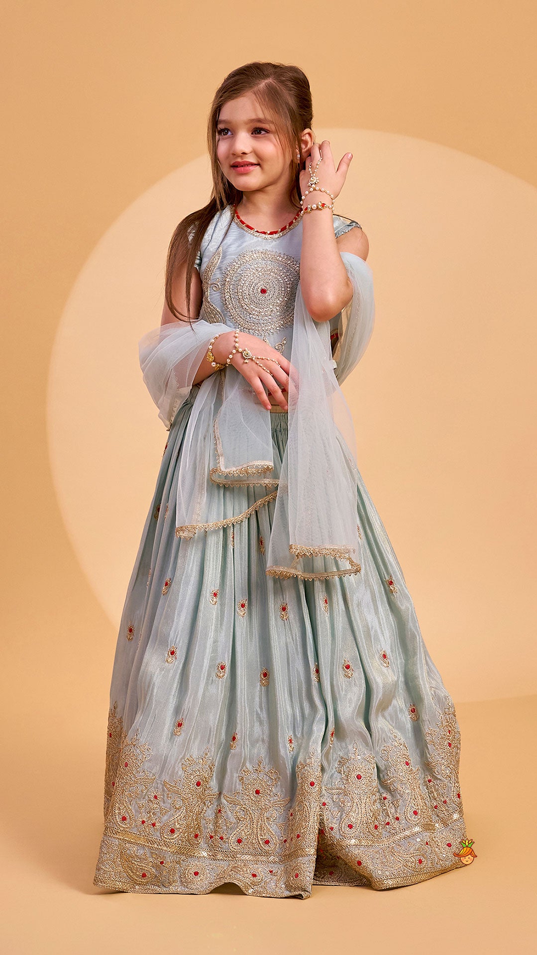 Pre Order: Embroidered Shimmer Crop Top And Lehenga With Net Dupatta