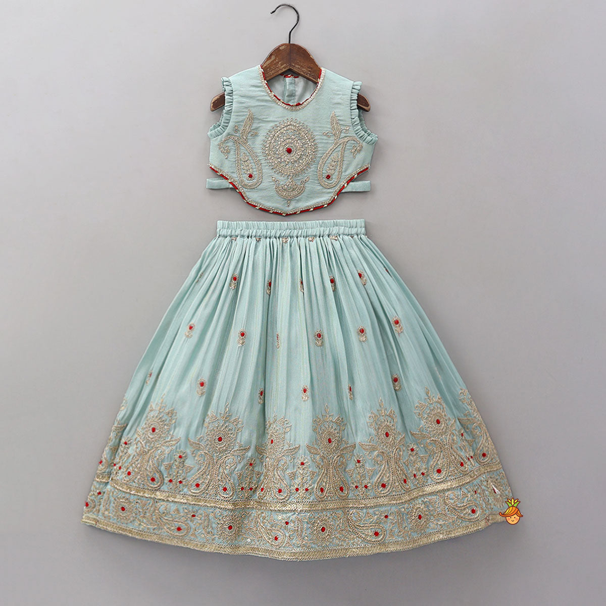 Pre Order: Embroidered Shimmer Crop Top And Lehenga With Net Dupatta