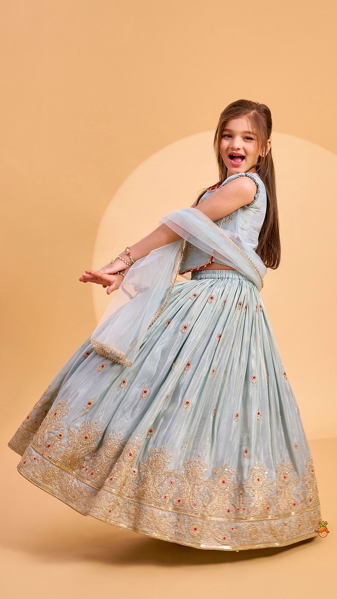 Pre Order: Embroidered Shimmer Crop Top And Lehenga With Net Dupatta