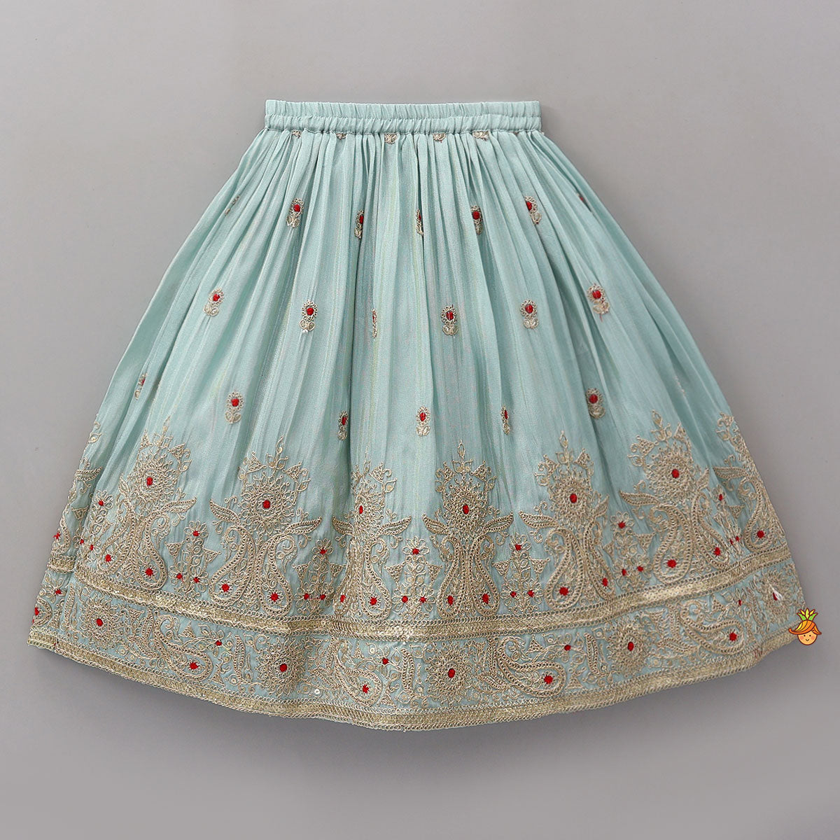 Pre Order: Embroidered Shimmer Top And Lehenga With Net Dupatta