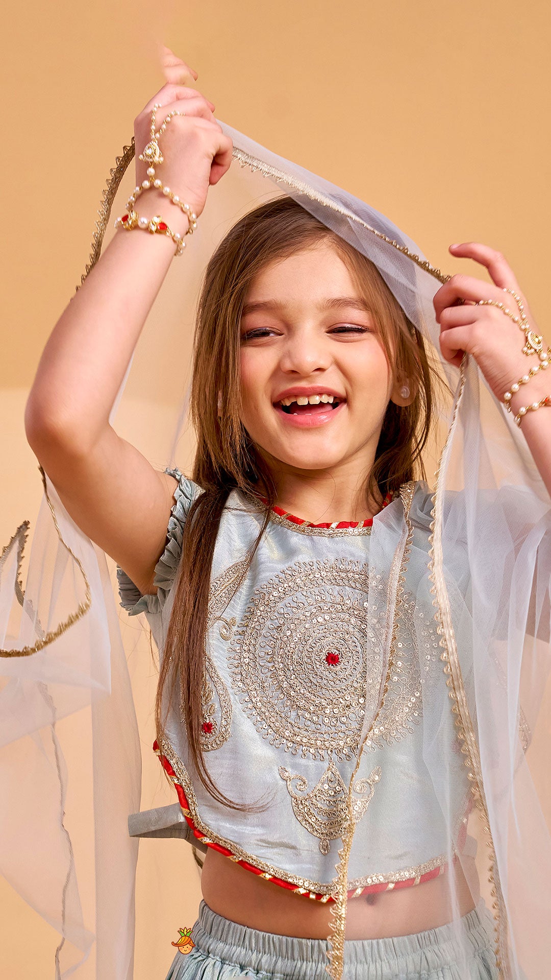 Pre Order: Embroidered Shimmer Crop Top And Lehenga With Net Dupatta