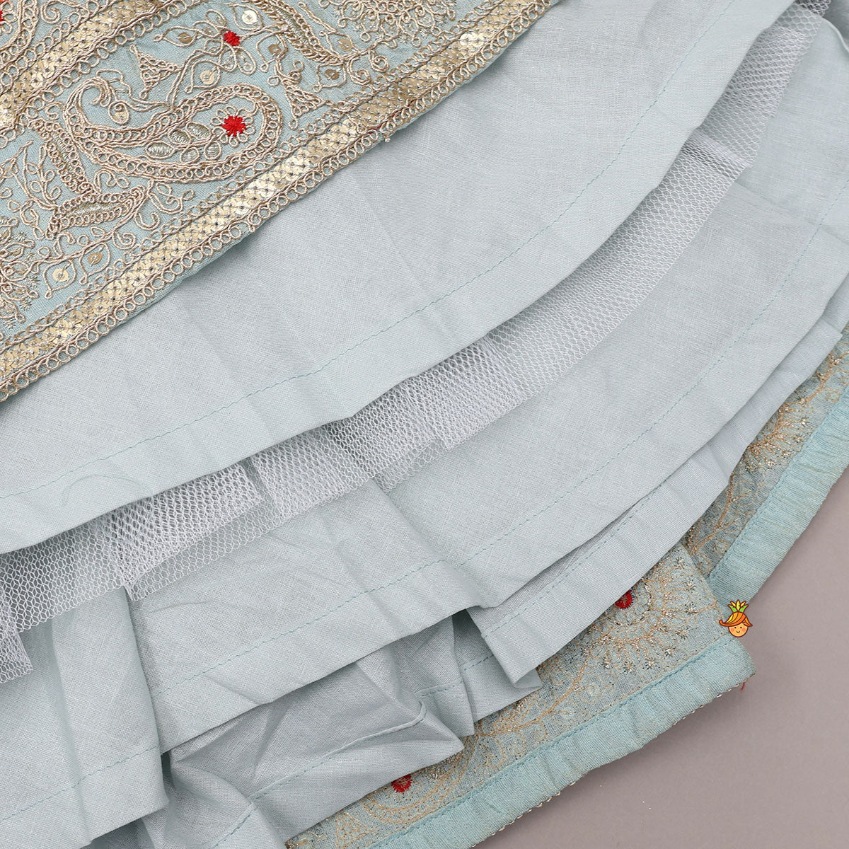 Pre Order: Embroidered Shimmer Crop Top And Lehenga With Net Dupatta