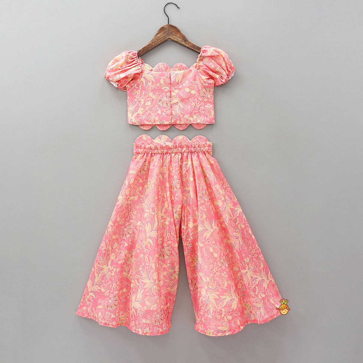 Floral Printed Scalloped Crop Top And Flared Palazzo With Contrasting Dupatta