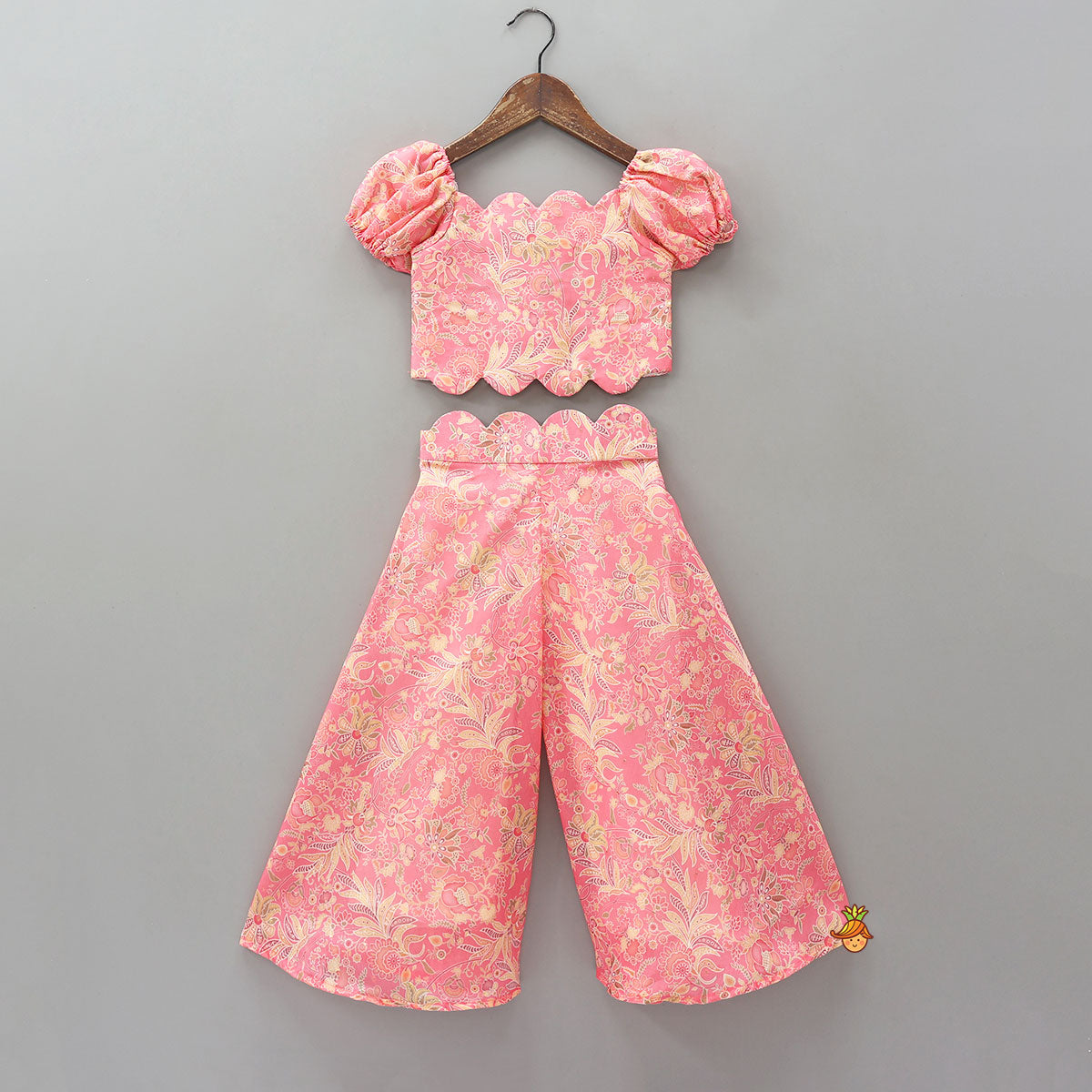 Floral Printed Scalloped Crop Top And Flared Palazzo With Contrasting Dupatta