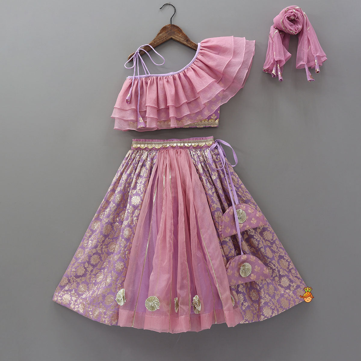 Elegant One Shoulder Crop Top With Lehenga And Gota Lace Detail Dupatta