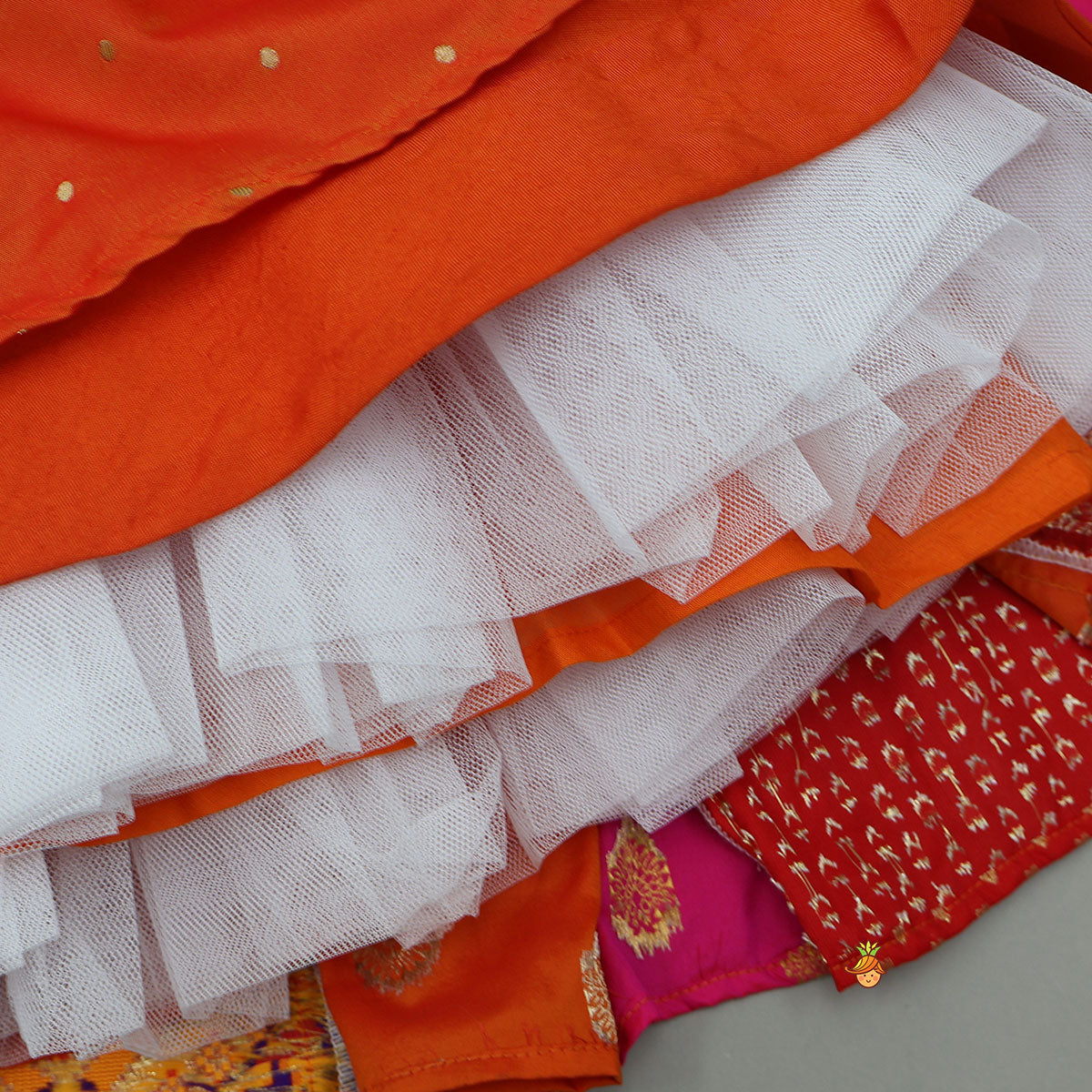 Pre Order: Embroidered Elegant Top And Brocade Lehenga With Matching Net Dupatta And Brocade Potli Bag