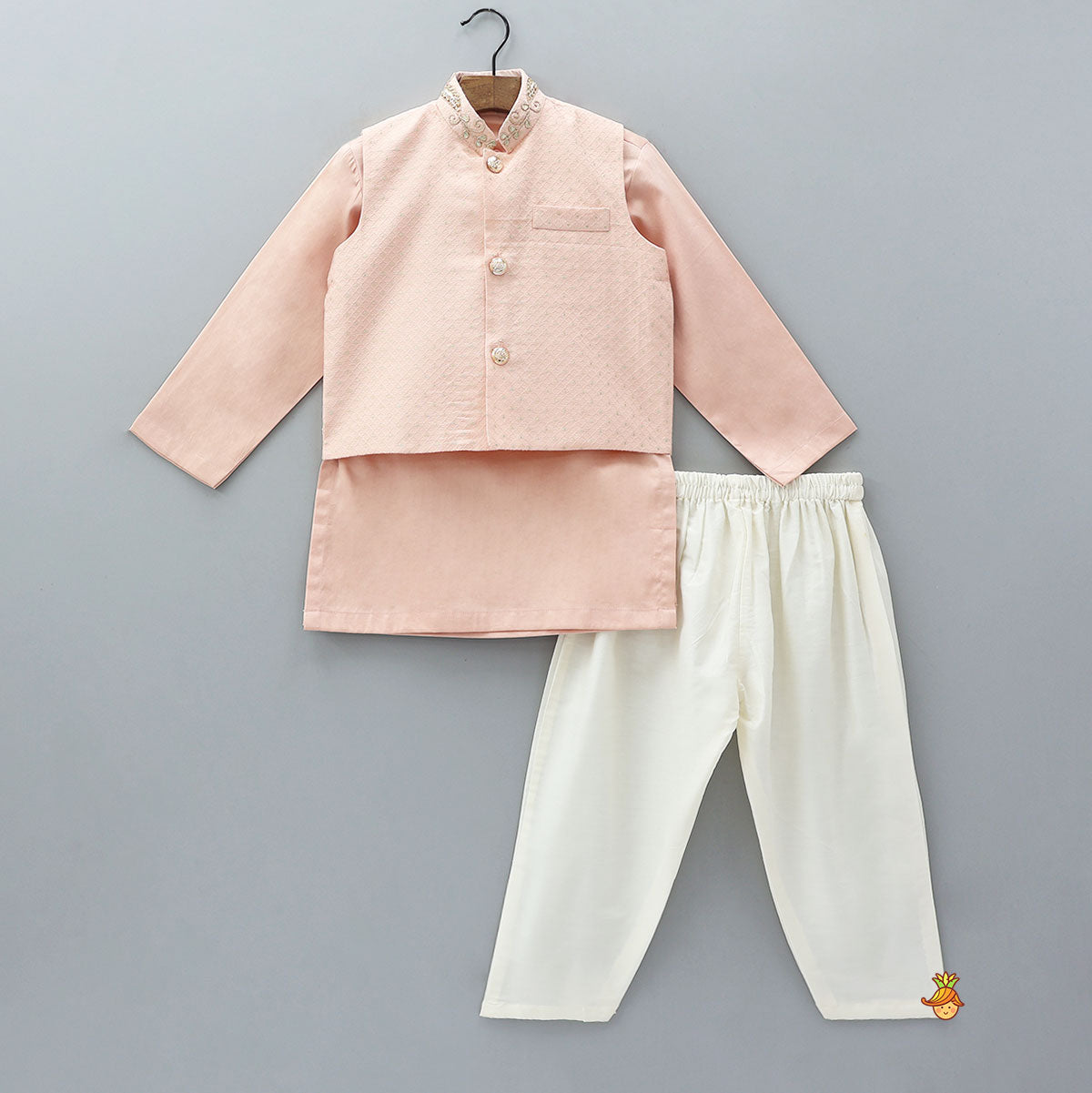 Pre Order: Ethnic Kurta With Embroidered Collar Jacket And Pyjama