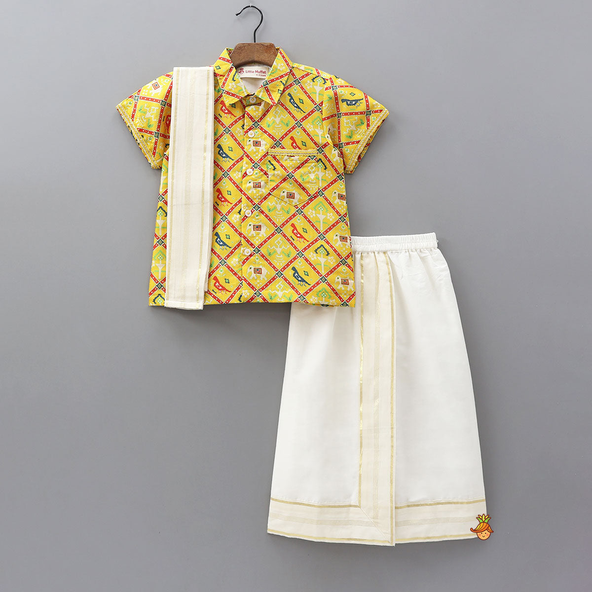 Exquisite Patola Print Shirt With Stitched Lungi And Shawl