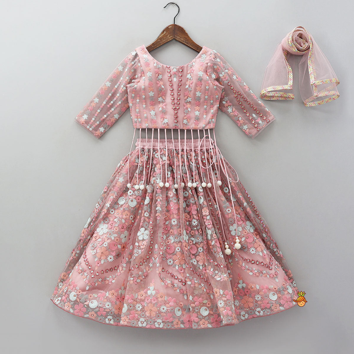 Pre Order: Sequined Crop Top And Lehenga With Net Dupatta