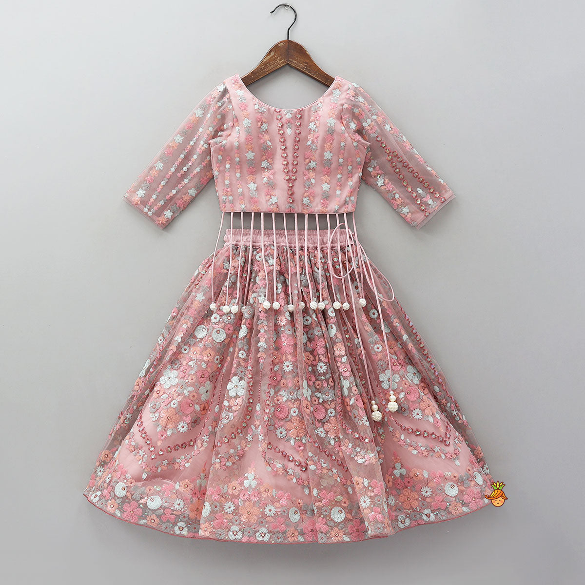 Pre Order: Sequined Crop Top And Lehenga With Net Dupatta