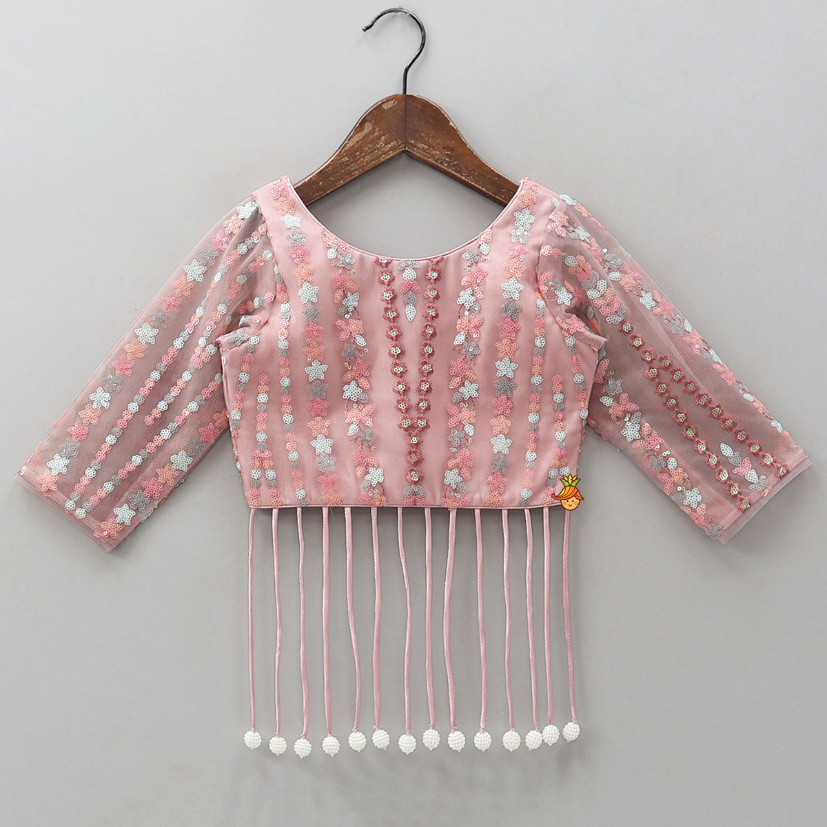 Pre Order: Sequined Crop Top And Lehenga With Net Dupatta