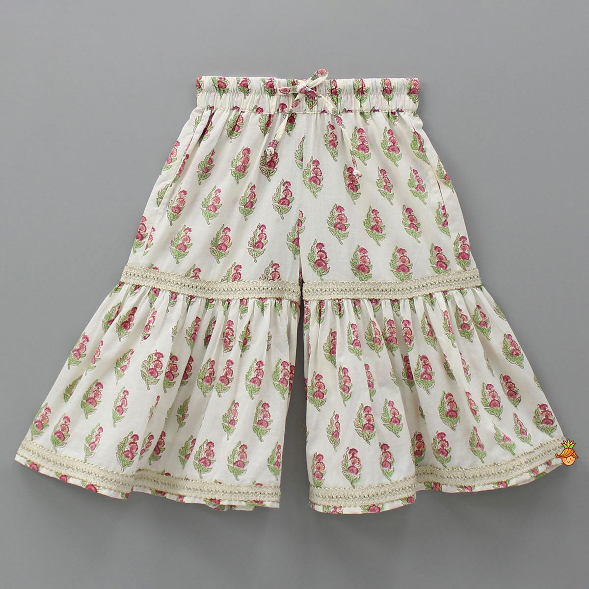 Floral Printed Bead Work Kurti With Sharara And Chevron Printed Dupatta