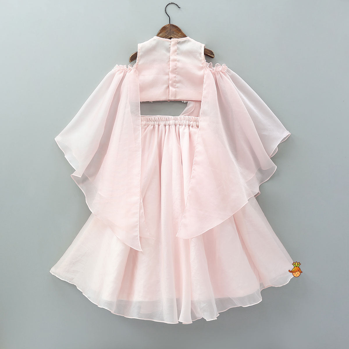 Pre Order: Cape Sleeves Crop Top With Attached Lehenga