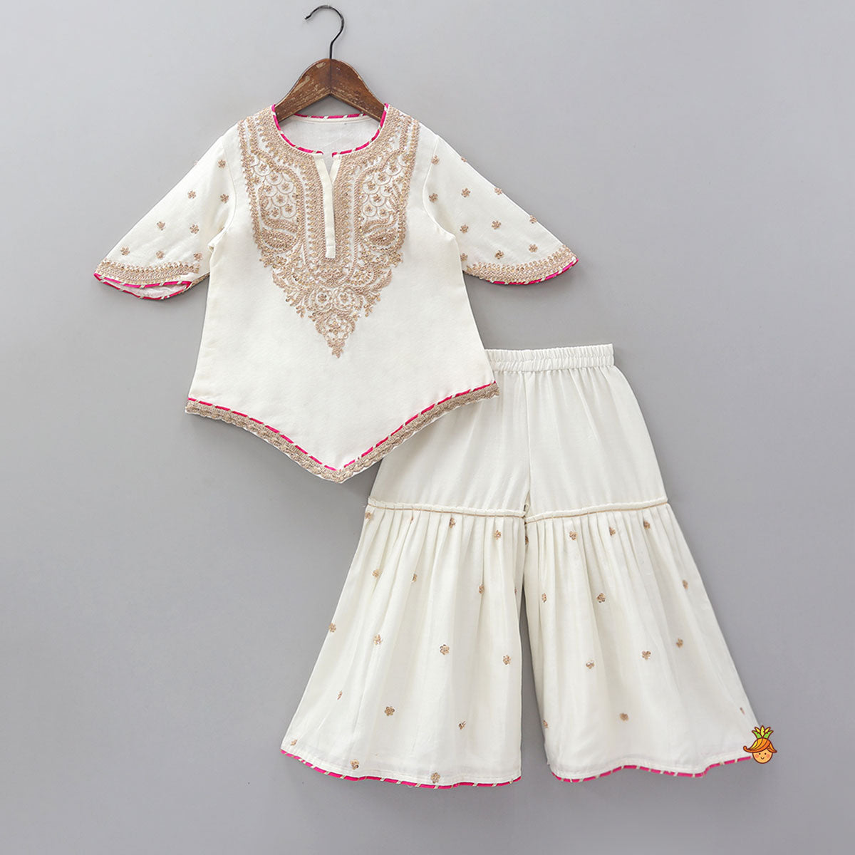 Pre Order: Stylish Sleeves Embroidered Kurti And Sharara With Contrasting Dupatta