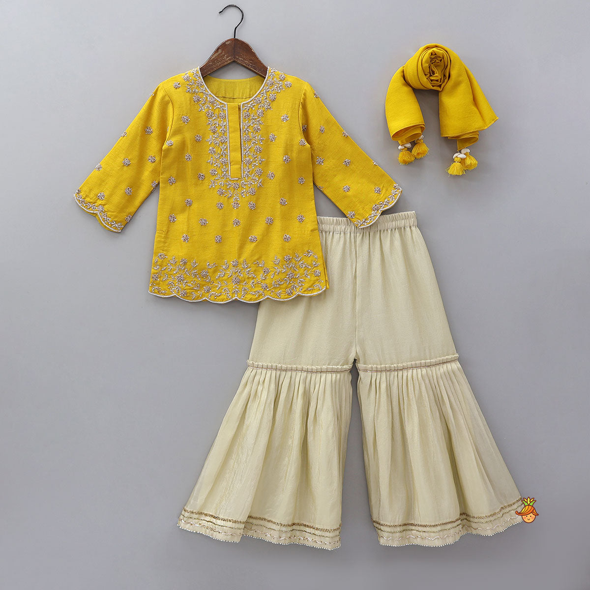 Pre Order: Scalloped Design Kurti And Shimmery Sharara With Matching Dupatta