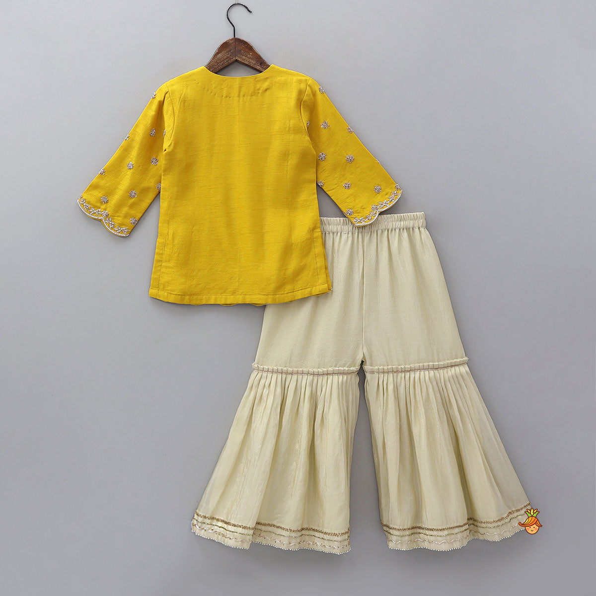 Pre Order: Scalloped Design Kurti And Shimmery Sharara With Matching Dupatta