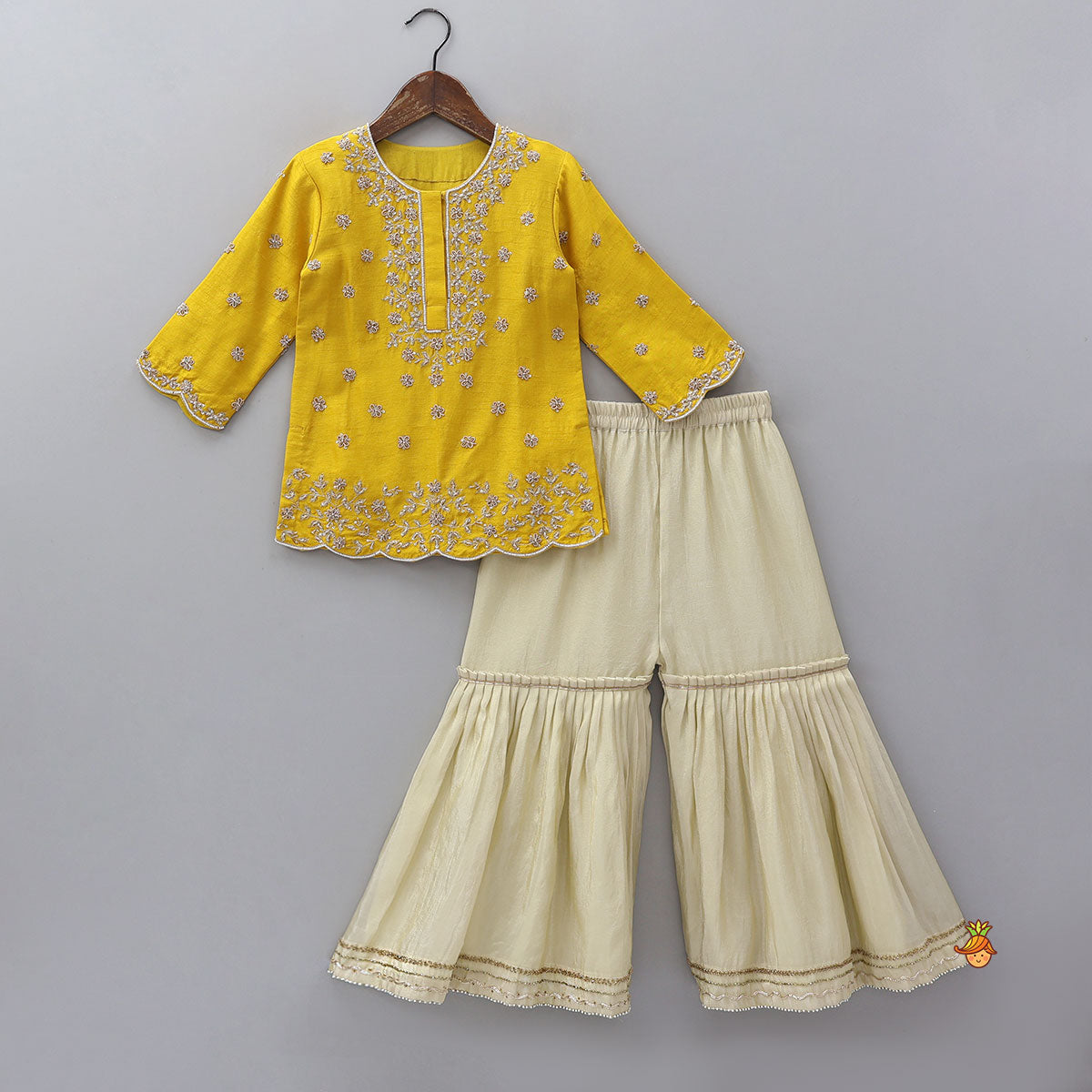 Pre Order: Scalloped Design Kurti And Shimmery Sharara With Matching Dupatta