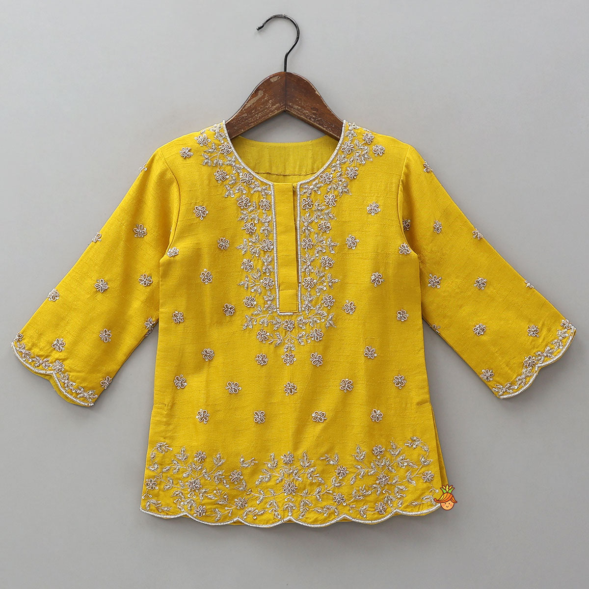 Pre Order: Scalloped Design Kurti And Shimmery Sharara With Matching Dupatta