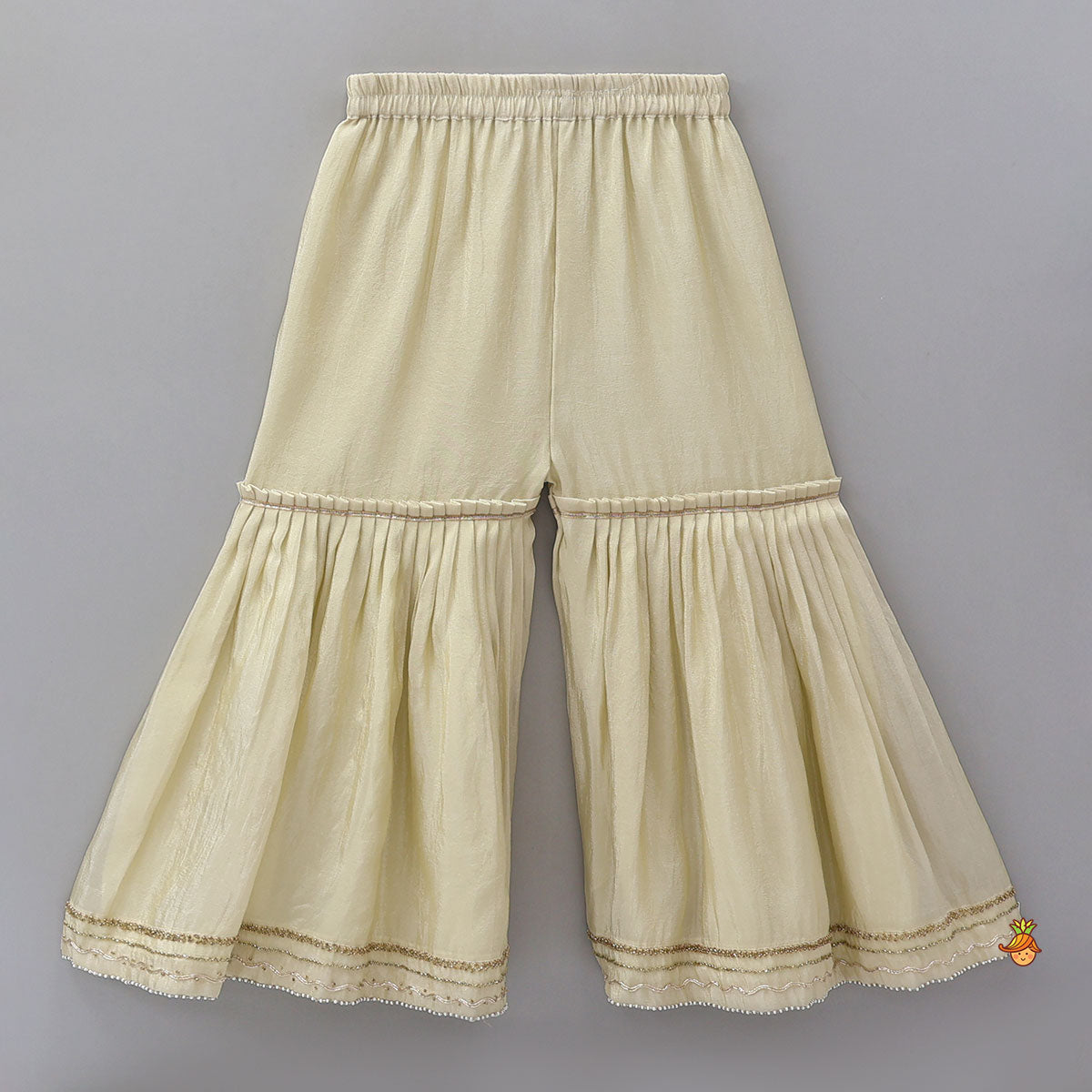 Pre Order: Scalloped Design Kurti And Shimmery Sharara With Matching Dupatta