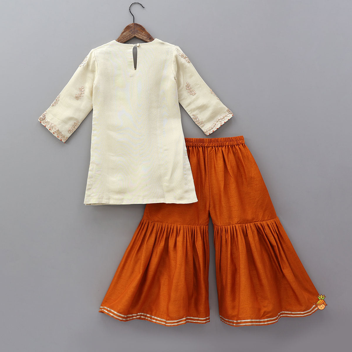 Pre Order: Gota Work Shimmery Kurti And Sharara With Fringes Detailed Dupatta