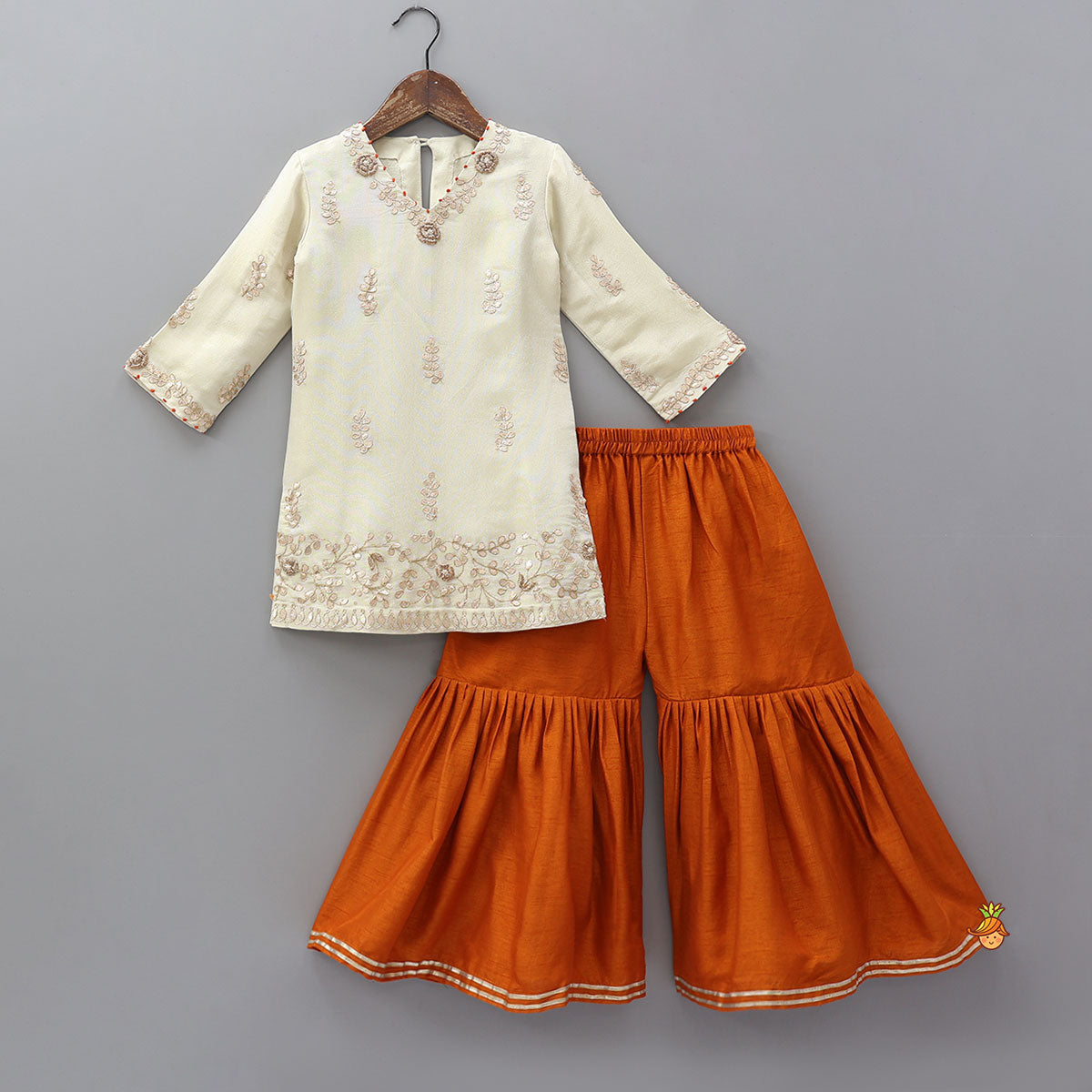 Pre Order: Gota Work Shimmery Kurti And Sharara With Fringes Detailed Dupatta