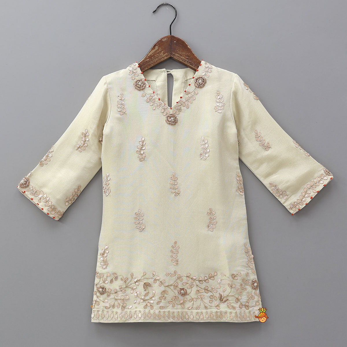 Pre Order: Gota Work Shimmery Kurti And Sharara With Fringes Detailed Dupatta
