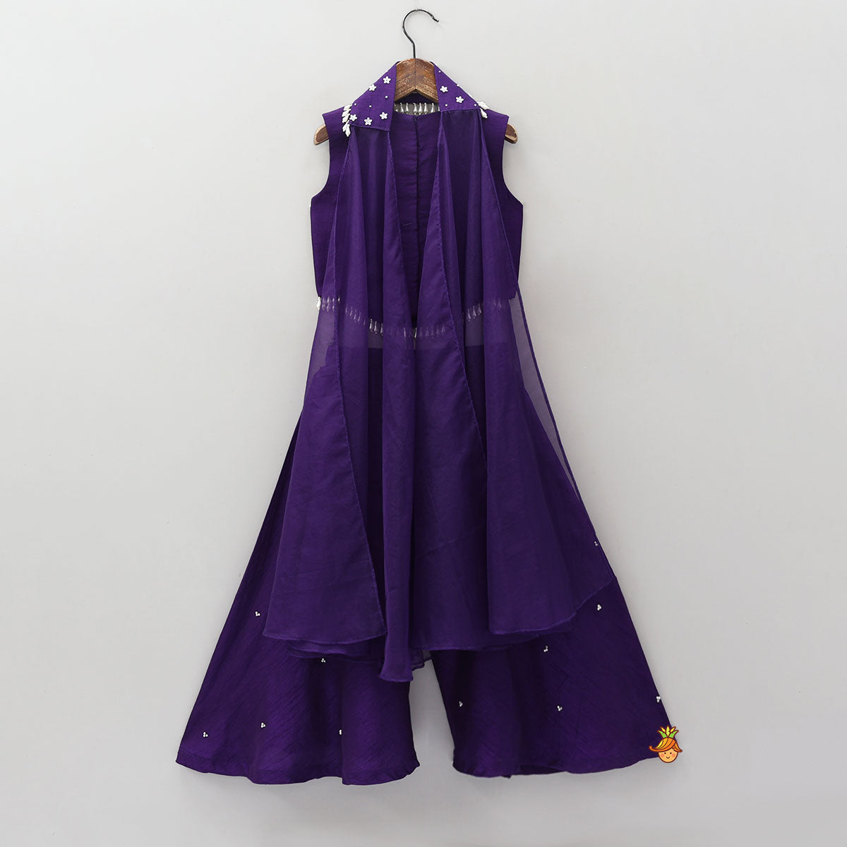 Pre Order: Embroidered Neckline Top And Palazzo With Organza Dupatta