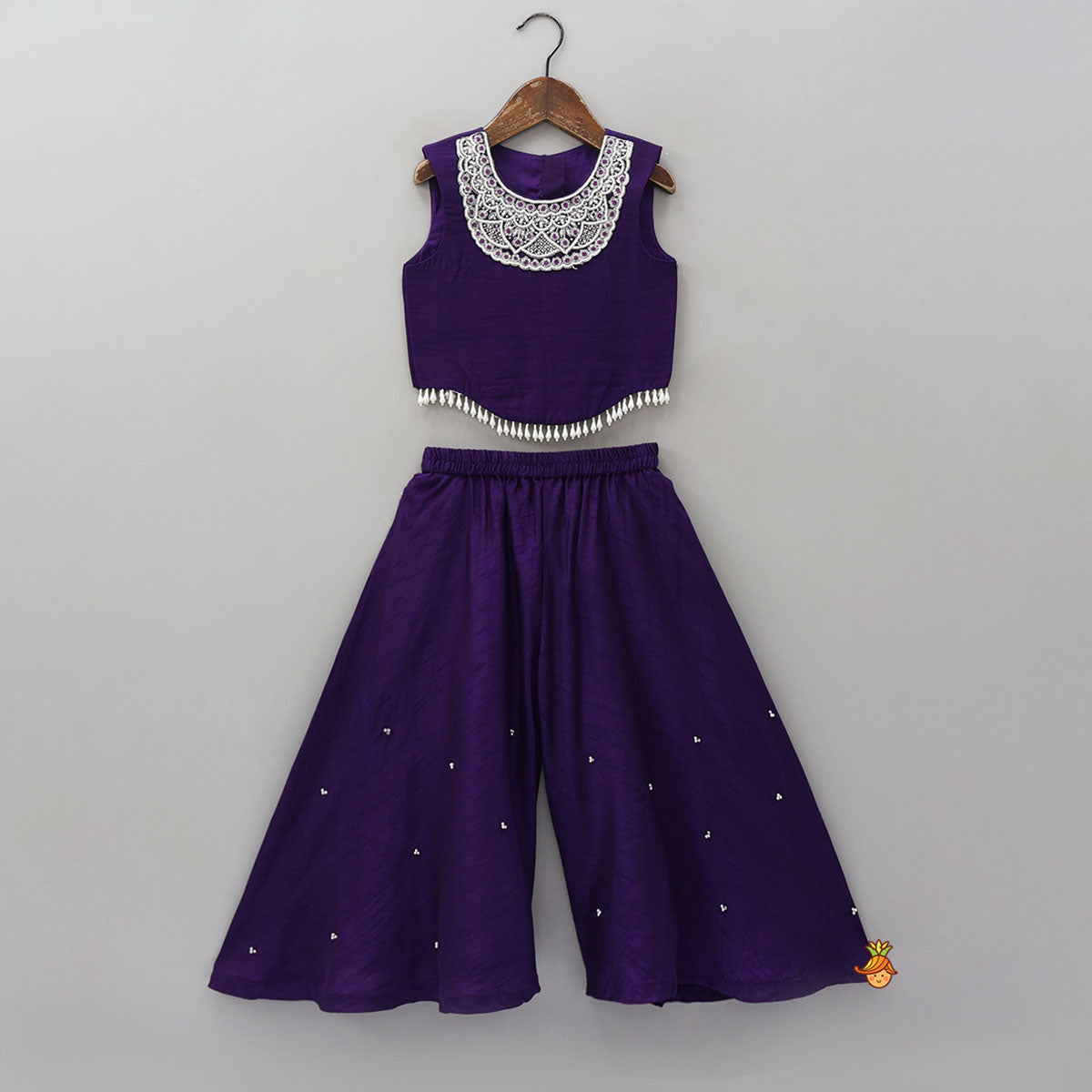 Pre Order: Embroidered Neckline Top And Palazzo With Organza Dupatta