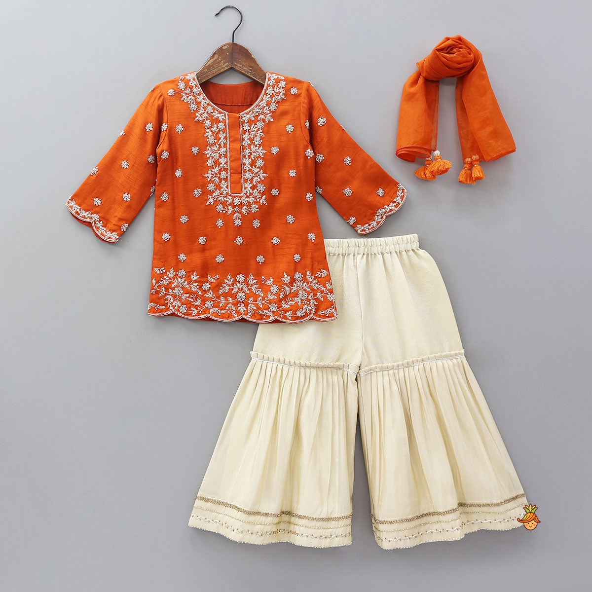 Pre Order: Scalloped Design Embroidered Kurti And Shimmery Sharara With Matching Dupatta