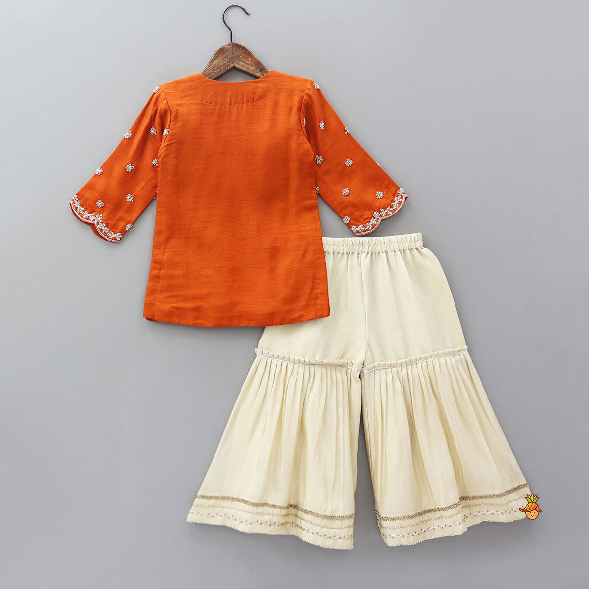 Pre Order: Scalloped Design Embroidered Kurti And Shimmery Sharara With Matching Dupatta