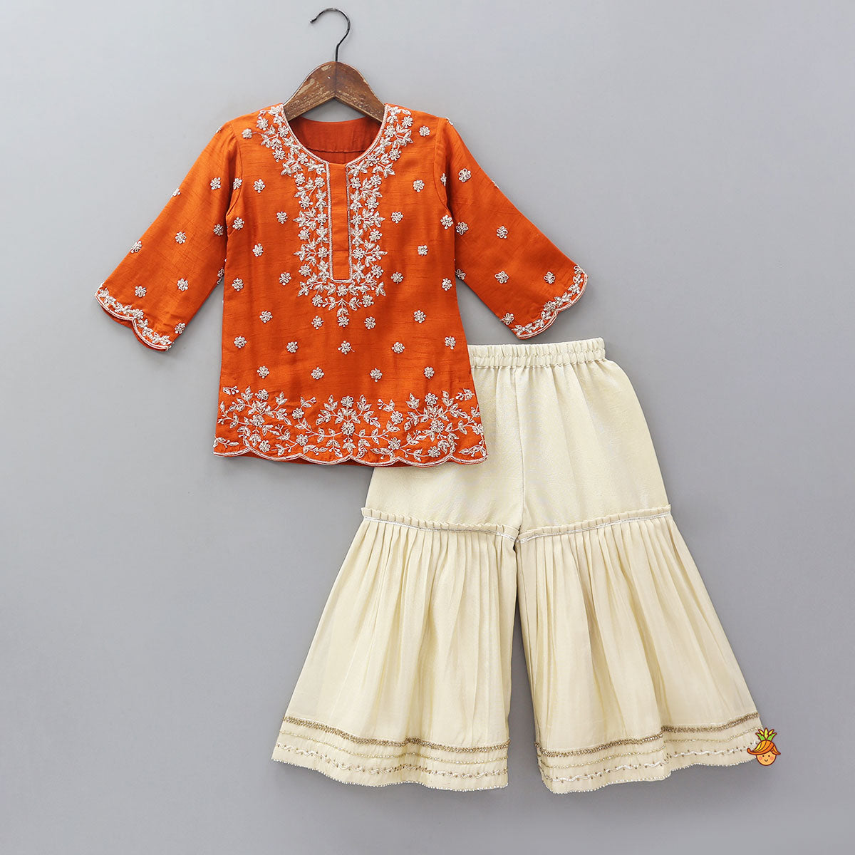 Pre Order: Scalloped Design Embroidered Kurti And Shimmery Sharara With Matching Dupatta