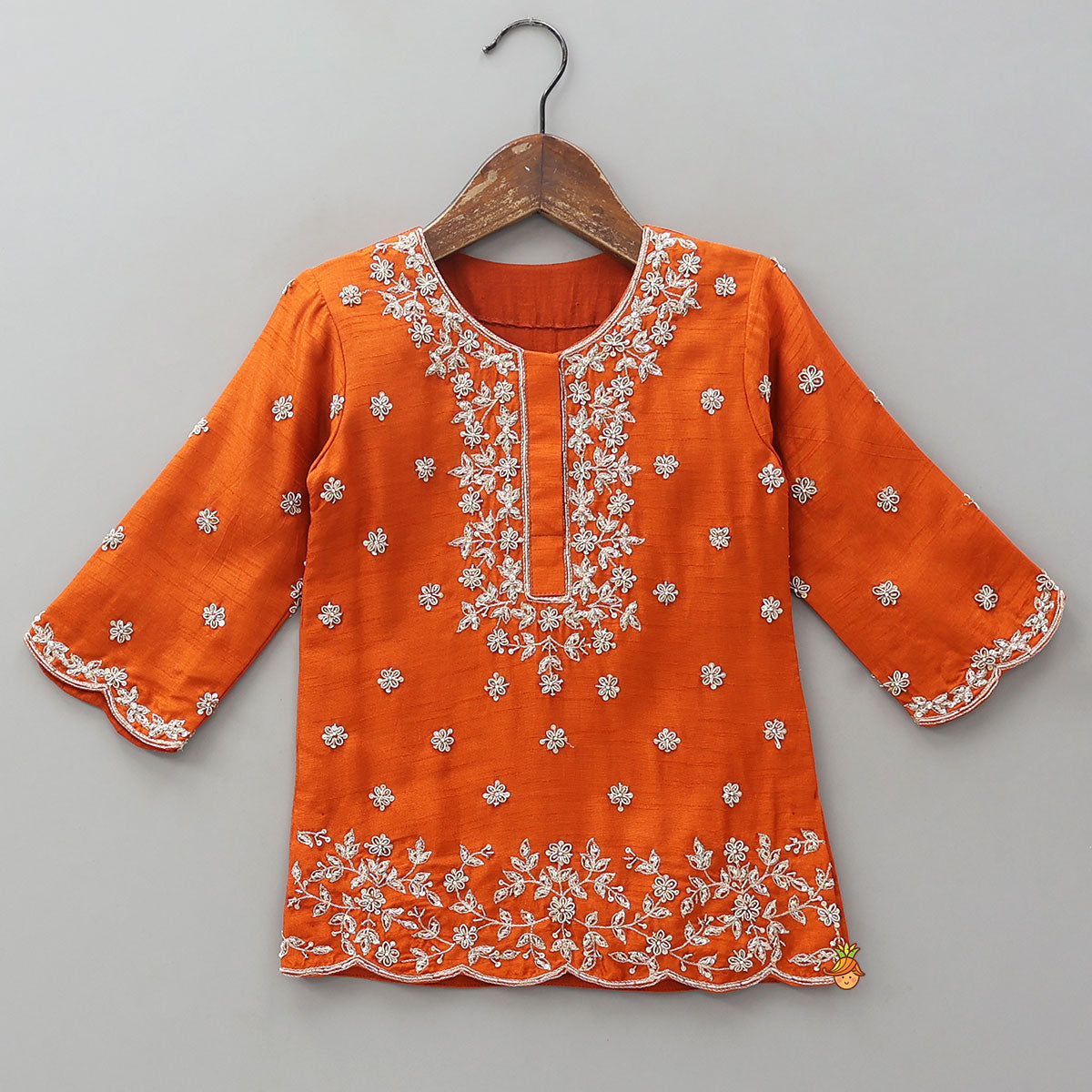 Pre Order: Scalloped Design Embroidered Kurti And Shimmery Sharara With Matching Dupatta