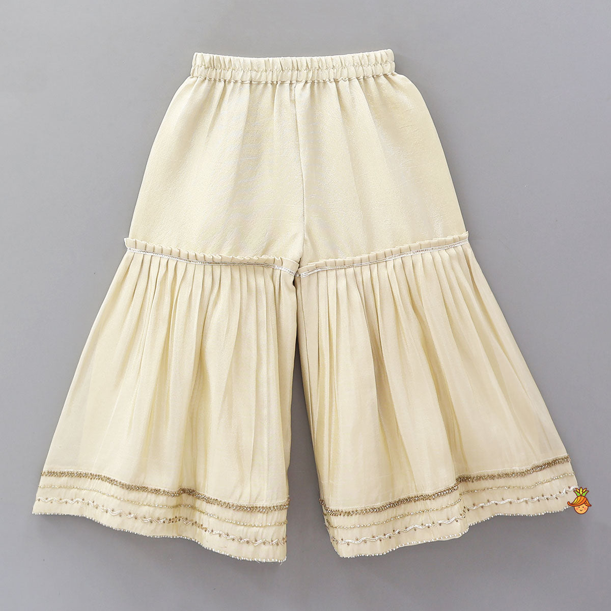 Pre Order: Scalloped Design Embroidered Kurti And Shimmery Sharara With Matching Dupatta