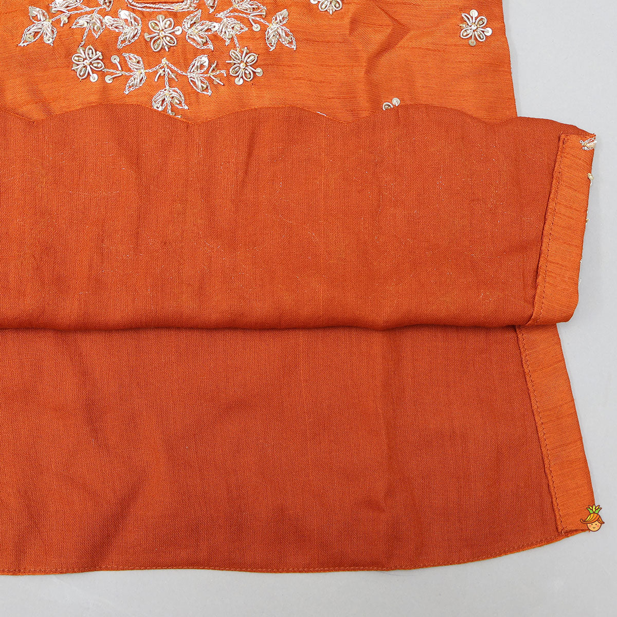 Pre Order: Scalloped Design Embroidered Kurti And Shimmery Sharara With Matching Dupatta